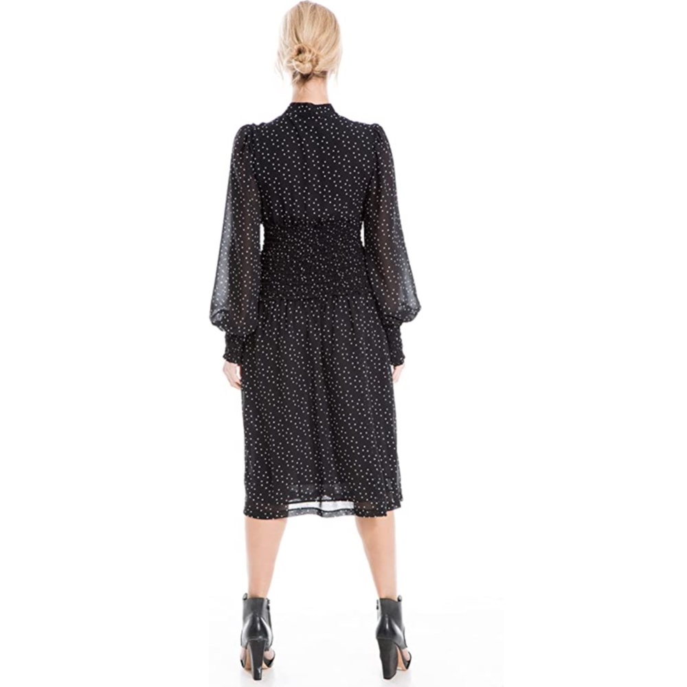 NEW MAX STUDIO Black CHIFFON Smocked Waist POLKA DOT Neck Tie MIDI DRESS XS - Picture 11 of 11